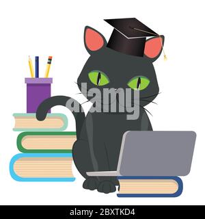 Cute cartoon black cat with green eyes wear graduation cap with laptop. Stock Vector