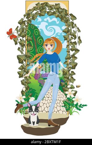 Cartoon girl stands near arch gate in the secret garden illustration. Stock Vector