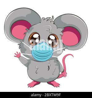 Cartoon kawaii anime grey mouse or rat in face mask design. Stock Vector