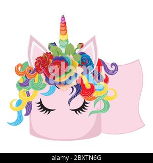 Cartoon pink toilet paper roll with unicorn horn and flowers illustration. Stock Vector