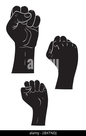 Simple line art of raised fist,  black and white illustration. Stock Vector