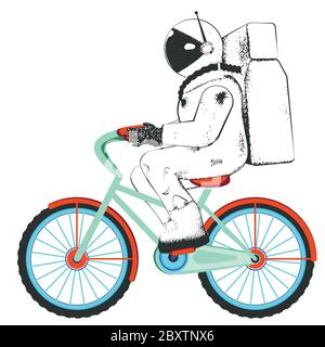Abstract cartoon spaceman riding bicycle, simple design illustration on white background. Stock Vector