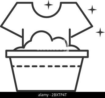 cleaning disinfection, laundry clothes in bucket, coronavirus prevention sanitizer products line style icon vector illustration Stock Vector