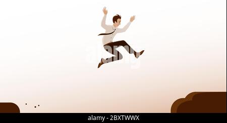 Businessman jumps over a gorge in the rocks. Stock Vector