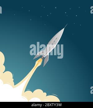 Rocket flies into space. Spaceflight, spacecraft, spaceship vector illustration Stock Vector