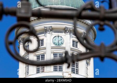 Architectural detail of clock tower of famous Finnish cathedral in Helsinki Stock Photo