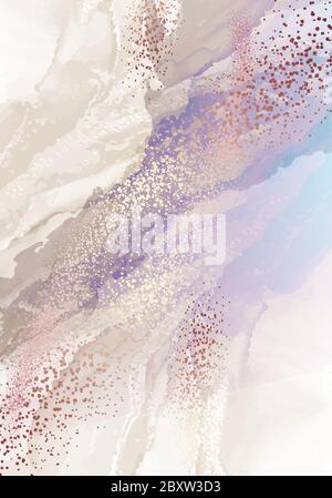 Hologram violet blue and pastel gold ripple pattern. Golden powder marble liquid texture. Soft holo gradient creative texture,  water swirl waves, alc Stock Vector