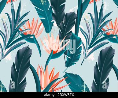 Vector colorful pattern with blue orange tropical leaves on blue background. Exotic botanical background design for cosmetics, spa, textile, hawaiian Stock Vector