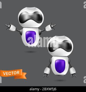 Flying chatbot or robot virtual assistance. Vector illustration of a cute white robot with hands. Artificial intelligence concept of an online cyborg Stock Vector