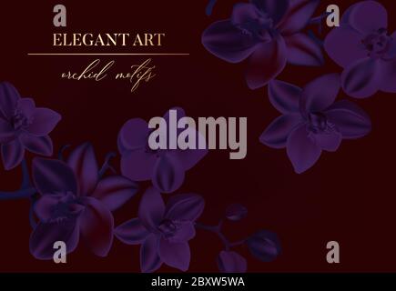 Botanical dark wedding invitation card template design, violet orchid tree leaves with small flowers on dark red background, minimalist dark theme wit Stock Vector