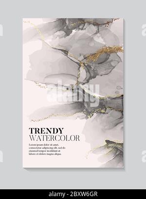 Hand painted alcohol ink texture black beige pastel volors with gold flow. Abstract watercolor liquid flow background. Stock Vector