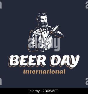 Bearded barmen with a shaker to International Beer Day. Vector illustration of barkeeper or bartender character silhouette at work on a black backgrou Stock Vector