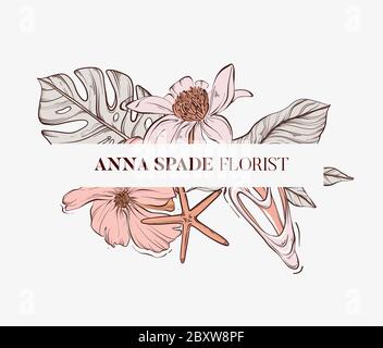 Outline magnolia flowers, monstera leaves, seashells and stars hand-drawn graphics. Sketch garden illustration collection for banner, advertisinfg, we Stock Vector