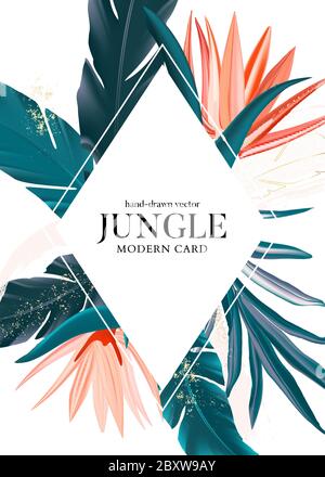 Tropical realistic leaf and bird paradise vector background. Green foliage design flyer with forest palm template, exotic banner with orange bloom tem Stock Vector