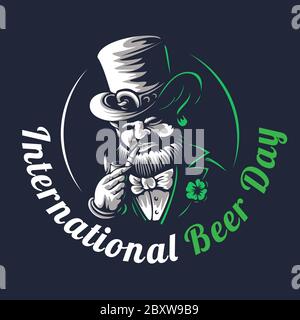 Dwarf with a smoking pipe. Vector elf or leprechaun character illustration on a black background to international beer day celebrating on august Stock Vector