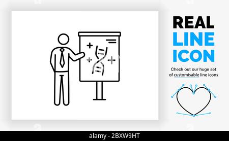 Editable real line icon of a stick figure businessman giving a presentation about drugs Stock Vector