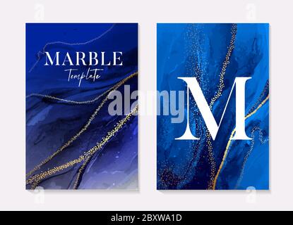 Phantom blue navy marble texture with gold foil soft texture, abstract art. Boho 2020 design, liquid flow in dark blue colors. Grunge texture design f Stock Vector