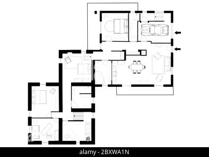 3d floor plan top view. Set of ground floor blueprints. Floor plans for real estate. Architectural plan 3d with the furniture. Color floor. Stock Photo