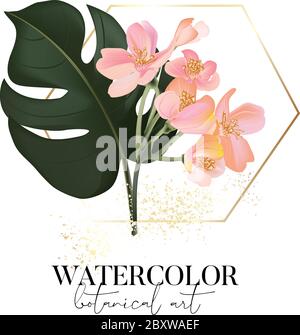 Hand drawn watercolor monstera palm leaves and colorful Tropical flowers design with gold frame and  text elements, luxury logo, branding template des Stock Vector