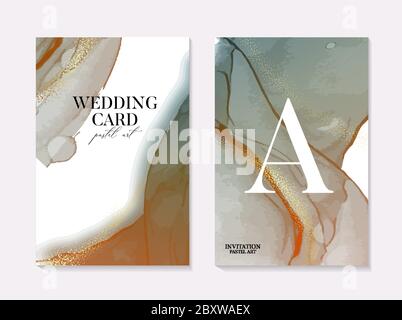 Vector soft green wedding card, contrast marble rust gold template, artistic covers design, colorful gradient texture, realistic card with soft liquid Stock Vector