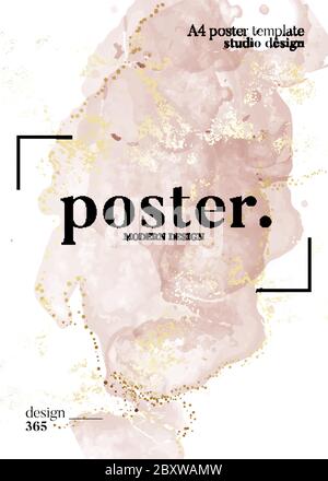 Elegant pastel beige alcohol ink liquid with gold foil pattern business poster template. Digital watercolor ink drop in vector. Alcohol ink  banner, g Stock Vector