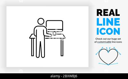 Editable real line icon of a stick man figure behind a hight adjustable standing desk Stock Vector