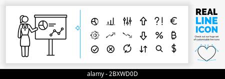 editable real line icon set of a standing business woman stick figure giving a analytics presentation Stock Vector