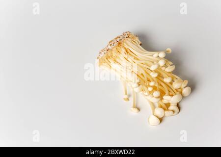 Enoki, Enokitake, Flammulina velutipes, edible mushroom popular in Japanese cuisine. Heap of little white enoki mushrooms on neutral white background, Stock Photo