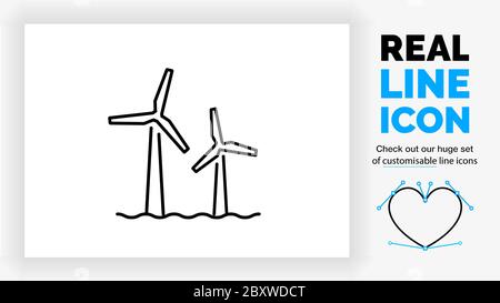 Editable line icon of a windmill park at sea Stock Vector