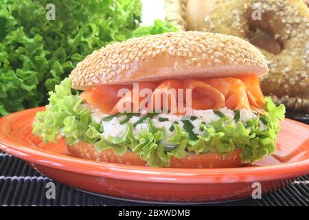bagel with cream cheese and smoked salmon Stock Photo