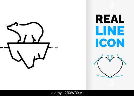 Editable line icon of a polar bear on a small ice sheet because of global warming Stock Vector
