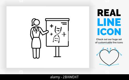 Editable real line icon of a stick figure businesswoman giving a presentation about drugs Stock Vector