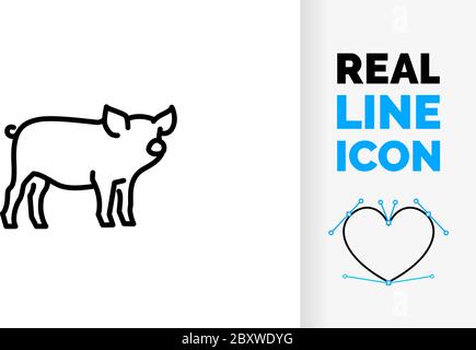 Vector editable real line icon of a domestic side view full body pig or swine used for pork meat as modern clean line art illustration in a black stro Stock Vector