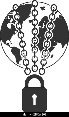 Earth globe in strong chain. Black Icon Flat on white background Stock Vector