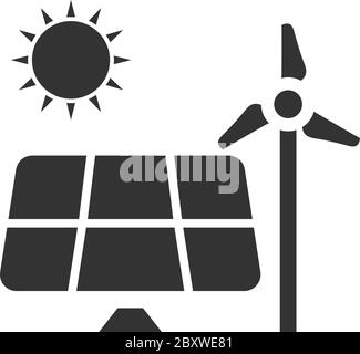 Solar panel and windmills for energy. Black Icon Flat on white background Stock Vector