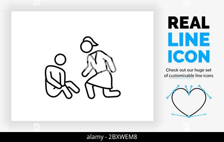 Editable real line icon of a child stick figure that got hurt on his leg with his mother kneeling Stock Vector