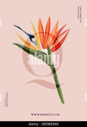 Bird of paradise graphic card design. Modern 3d realistic vector poster with exotic flowers vertical graphics, jungle botanical art for banner, advert Stock Vector