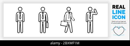Editable real line icon set of the whole body of a stick figure business man Stock Vector