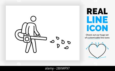 Editable real line icon of a stick figure with a leaf blower Stock Vector