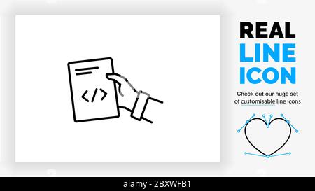 Editable line icon of a person giving a document about code Stock Vector
