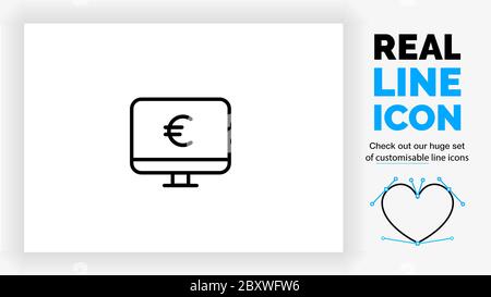 Editable line icon of a computer screen with a euro sig Stock Vector