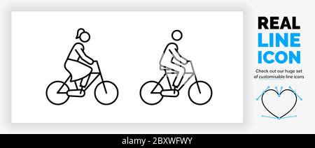 editable real line icon of a female and male stick figure riding on a bicycle Stock Vector