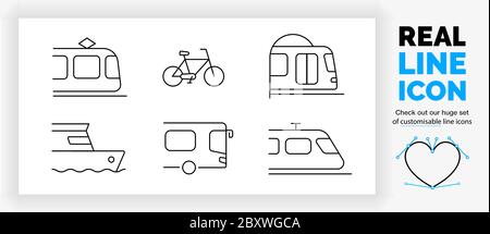 Editable real line icon set of the side view of public transport Stock Vector