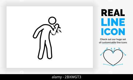 editable real line icon of a sick stick figure coughing and sneezing Stock Vector