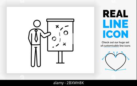 Editable line icon of a stick figure businessman having a strategy plan Stock Vector