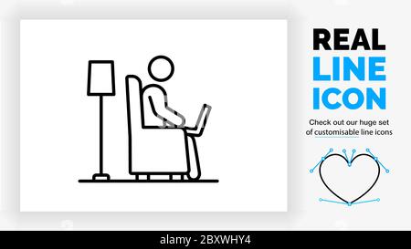 editable real line icon of a stick figure person working at home Stock Vector