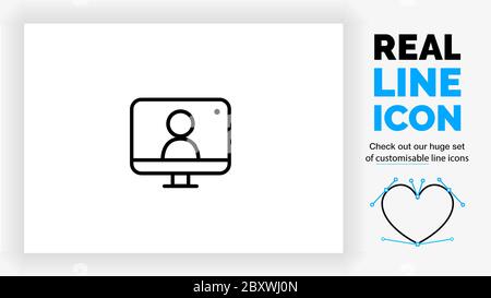 Editable line icon of a computer standing with a live broadcast Stock Vector