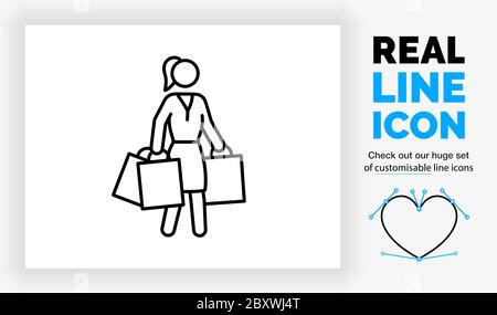 Editable real line icon of a woman stick figure walking with shopping bags Stock Vector