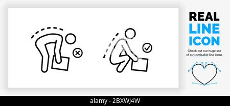 Editable real line icon of a stick figure person doing heavy lifting with a correct and incorrect posture Stock Vector