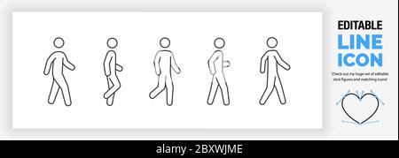 Editable line icon set of a stick man or stick figure walking in different poses Stock Vector